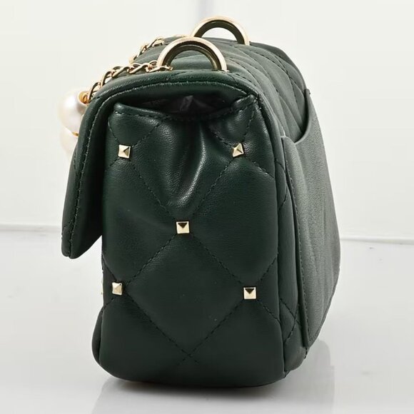 Badgley Mischka ✦ Green Quilted Pearl Crossbody Bag ✦ Vegan Leather Studded Flap - Picture 3 of 8